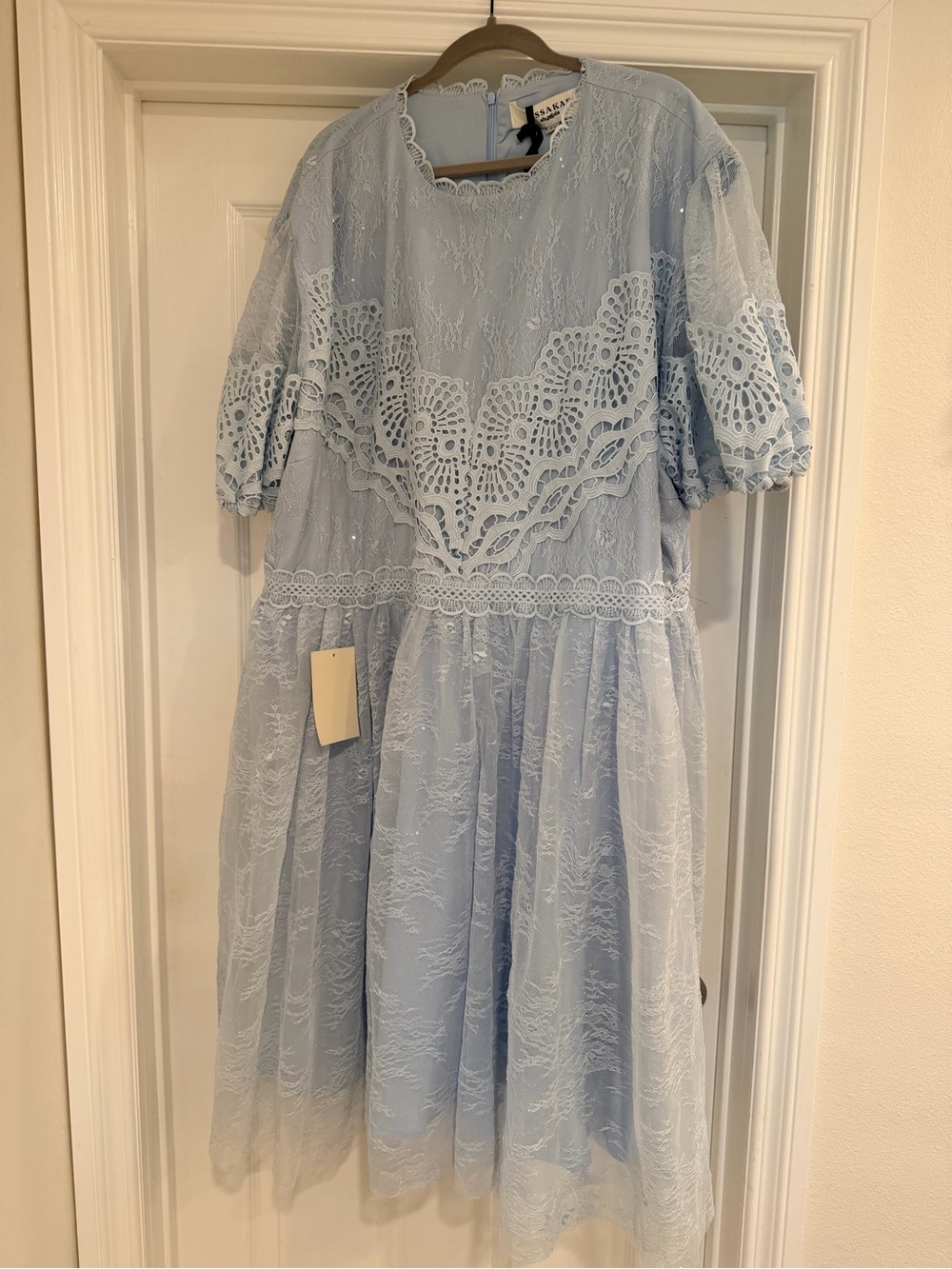 JessaKae Powder Blue Lace Midi Dress with Crochet Trim